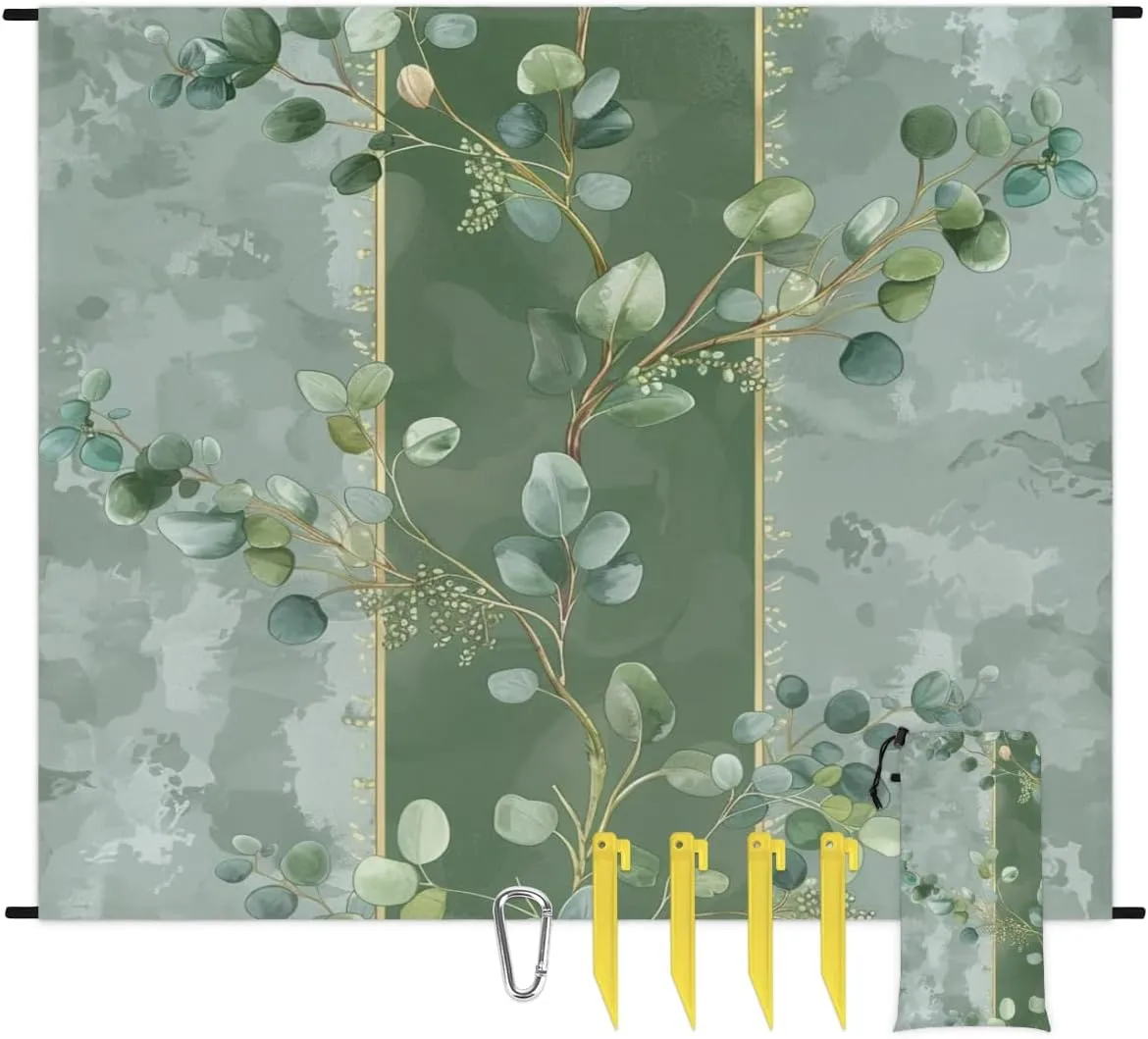 Eucalyptus Leaves Beach Blanket, Sandproof Beach Mat, Adults Waterproof Quick Drying Sand Free Mat with 4 x Ground Spikes for Outdoor Travel Camping Hiking, Green Leaves