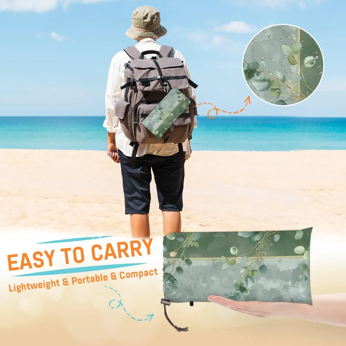 Eucalyptus Leaves Beach Blanket, Sandproof Beach Mat, Adults Waterproof Quick Drying Sand Free Mat with 4 x Ground Spikes for Outdoor Travel Camping Hiking, Green Leaves