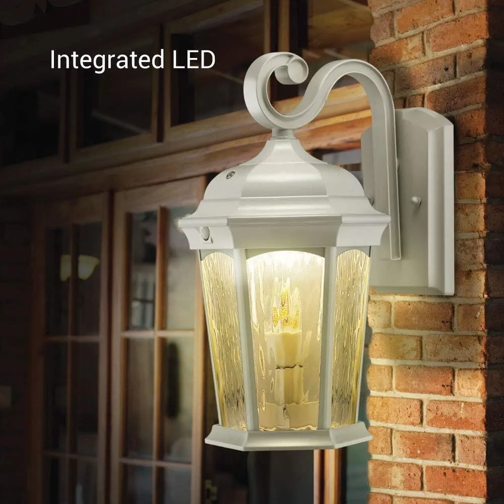 Euri Lighting EFL-140W-MD Flickering Flame Lantern, Water Glass, with Integrated Security Light (3000K), Photocell and Motion-Sensor (Dusk-to-Dawn), White Housing