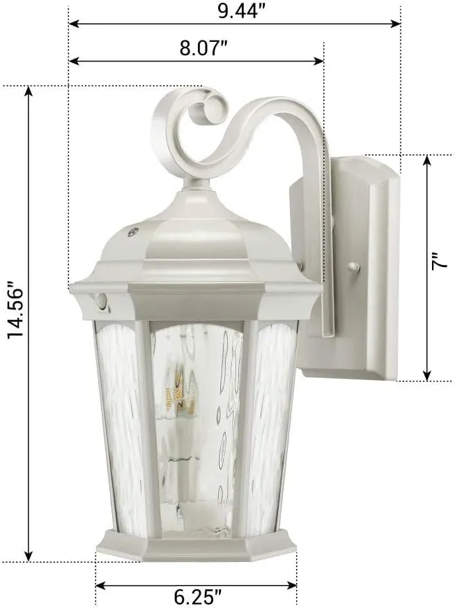 Euri Lighting EFL-140W-MD Flickering Flame Lantern, Water Glass, with Integrated Security Light (3000K), Photocell and Motion-Sensor (Dusk-to-Dawn), White Housing