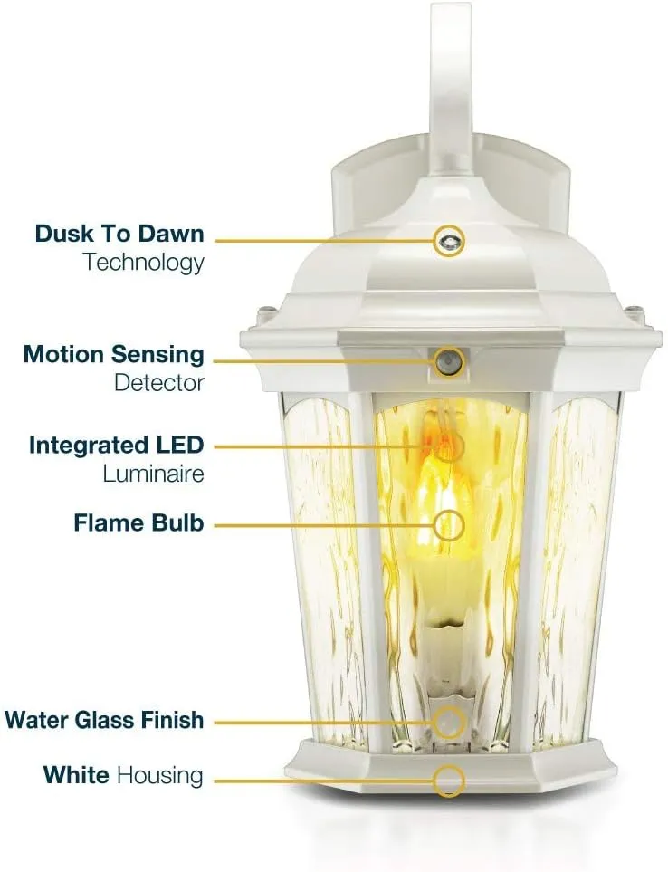 Euri Lighting EFL-140W-MD Flickering Flame Lantern, Water Glass, with Integrated Security Light (3000K), Photocell and Motion-Sensor (Dusk-to-Dawn), White Housing