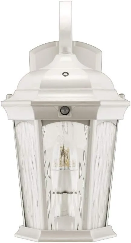 Euri Lighting EFL-140W-MD Flickering Flame Lantern, Water Glass, with Integrated Security Light (3000K), Photocell and Motion-Sensor (Dusk-to-Dawn), White Housing
