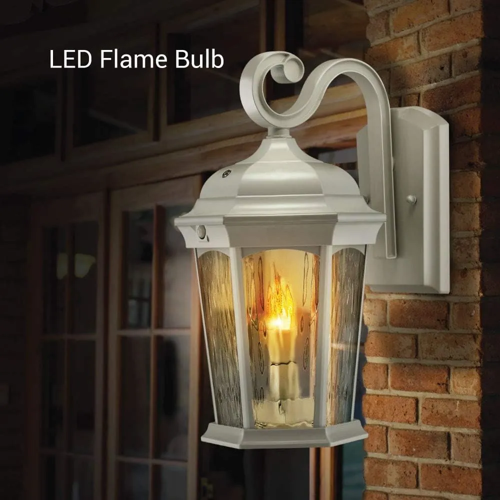 Euri Lighting EFL-140W-MD Flickering Flame Lantern, Water Glass, with Integrated Security Light (3000K), Photocell and Motion-Sensor (Dusk-to-Dawn), White Housing