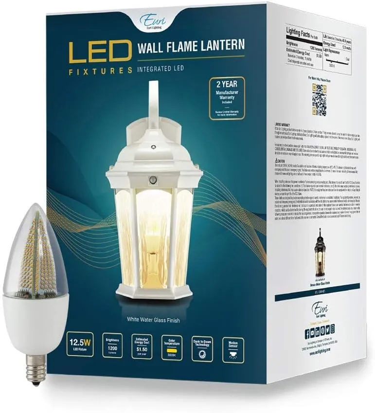 Euri Lighting EFL-140W-MD Flickering Flame Lantern, Water Glass, with Integrated Security Light (3000K), Photocell and Motion-Sensor (Dusk-to-Dawn), White Housing
