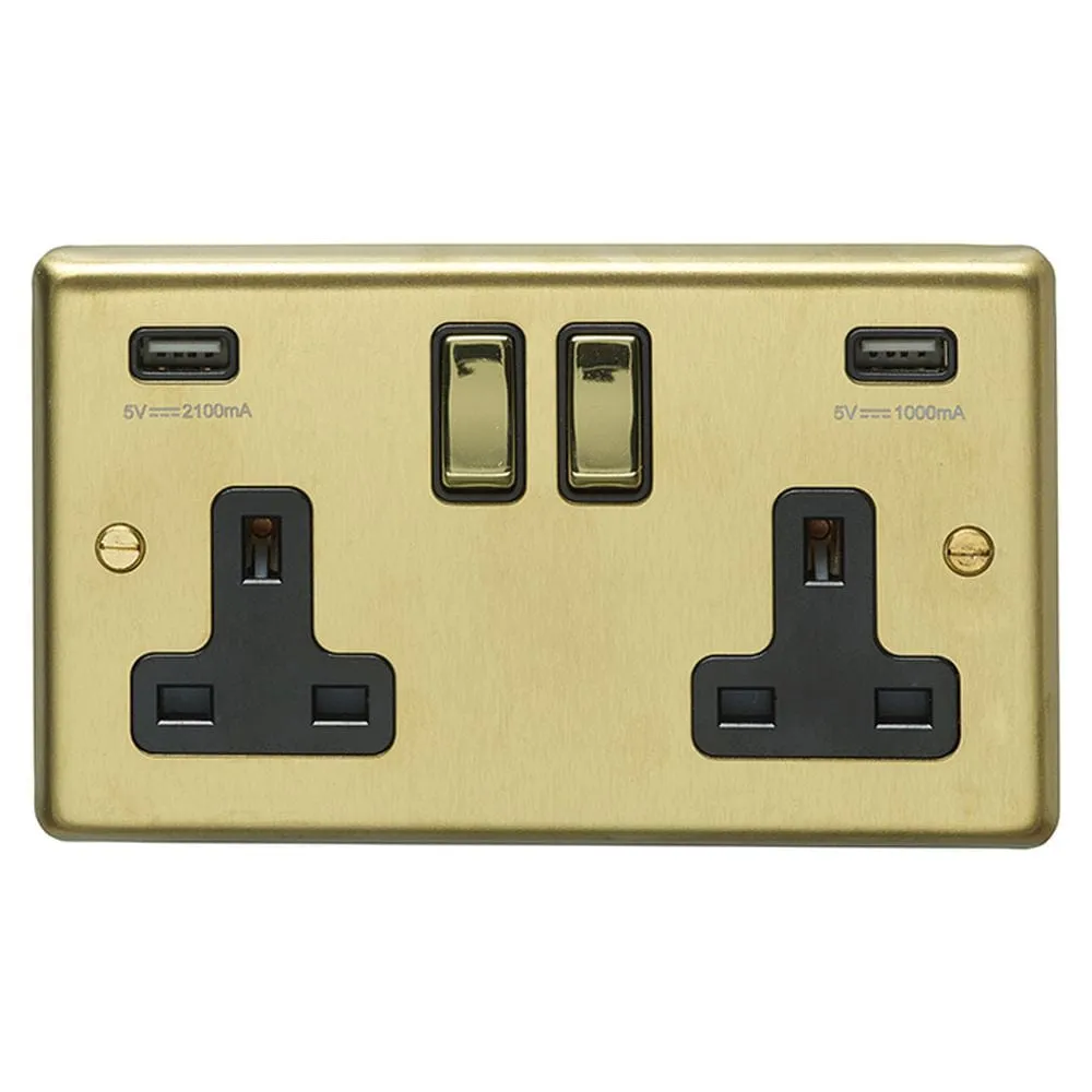 Eurolite Stainless Steel 2 Gang USB Socket - Satin Brass (With Black Trim)