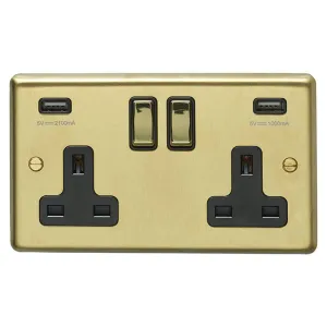 Eurolite Stainless Steel 2 Gang USB Socket - Satin Brass (With Black Trim)