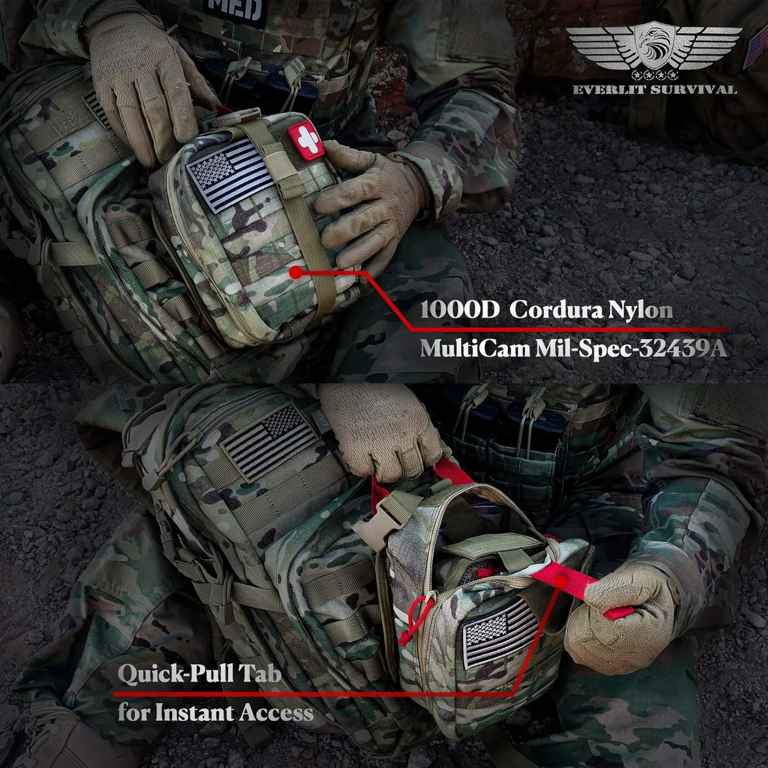 EVERLIT Advanced Emergency Trauma Kit, CAT GEN-7 Tourniquet Mil-Spec Nylon Laser Cut Pouch with 36" Splint, Military Combat Tactical IFAK for First Aid Response Bleeding Control