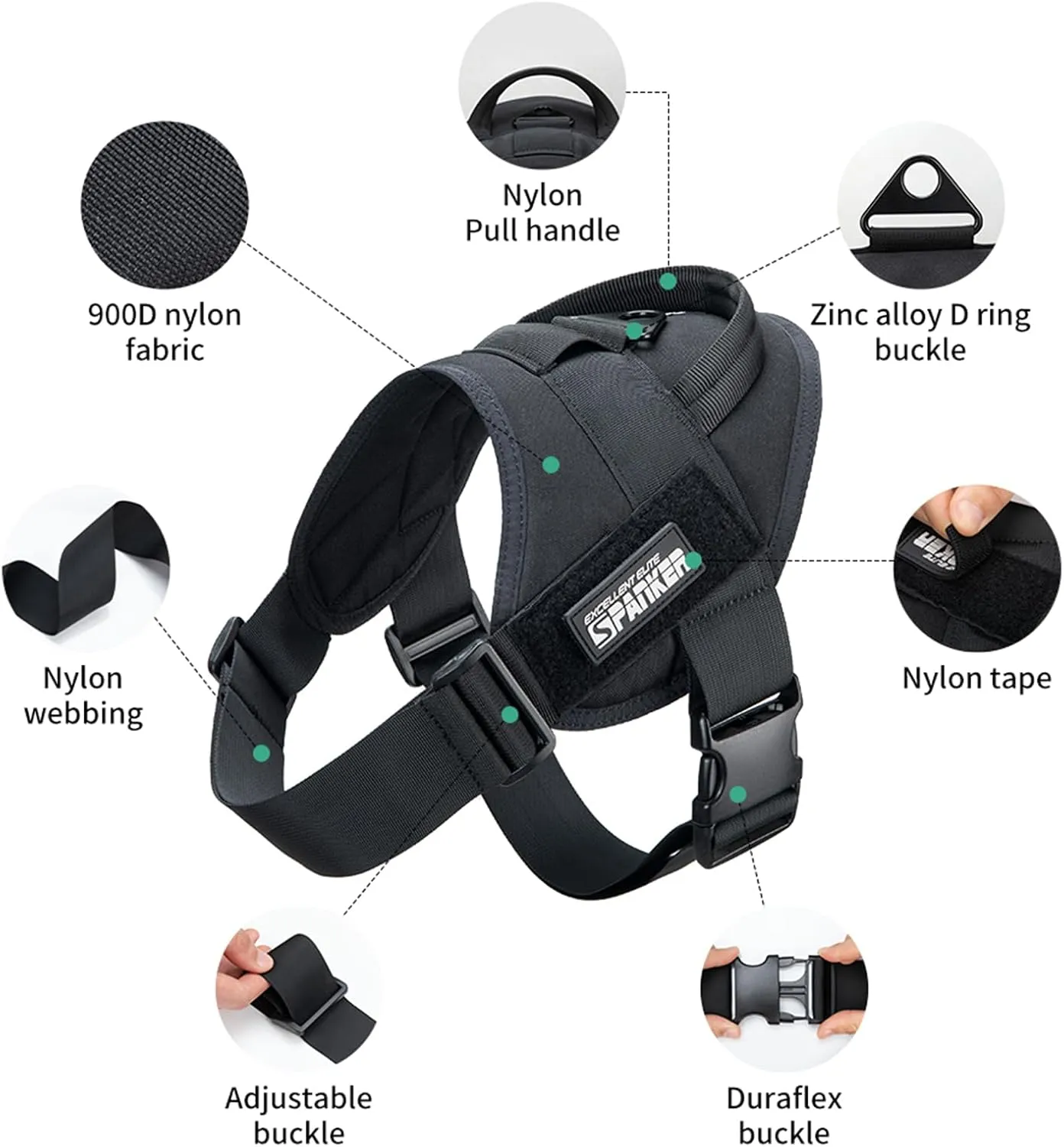 Excellent Elite SPANKERTactical Dog Vest Training Military Patrol K9 Service Dog Harness Adjustable Nylon Dog Harness with Handle(Black-L)