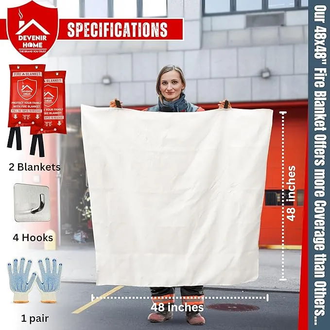 Extra Large Fire Blanket - 48”x 48” Pack of 2 Blankets with 4 Hooks and 2 Gloves, Fire Blankets Emergency for Home, Car, Kitchen, Warehouse, Outdoor, and Camping Safety.