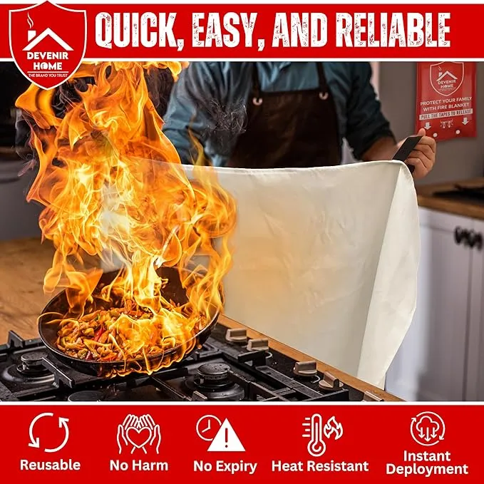 Extra Large Fire Blanket - 48”x 48” Pack of 2 Blankets with 4 Hooks and 2 Gloves, Fire Blankets Emergency for Home, Car, Kitchen, Warehouse, Outdoor, and Camping Safety.