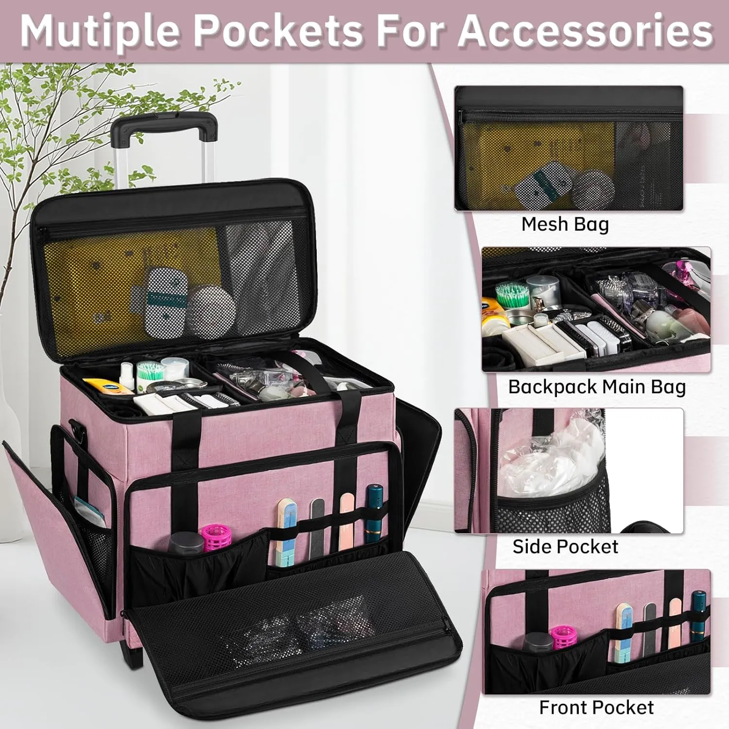 Extra Large Rolling Makeup Case with 4 Removable Pouches，Professional Make up Train Case with Wheels,Travel Cosmetic Bag for Hairstylists Nail Tech Makeup Artist with Detachable Trolley