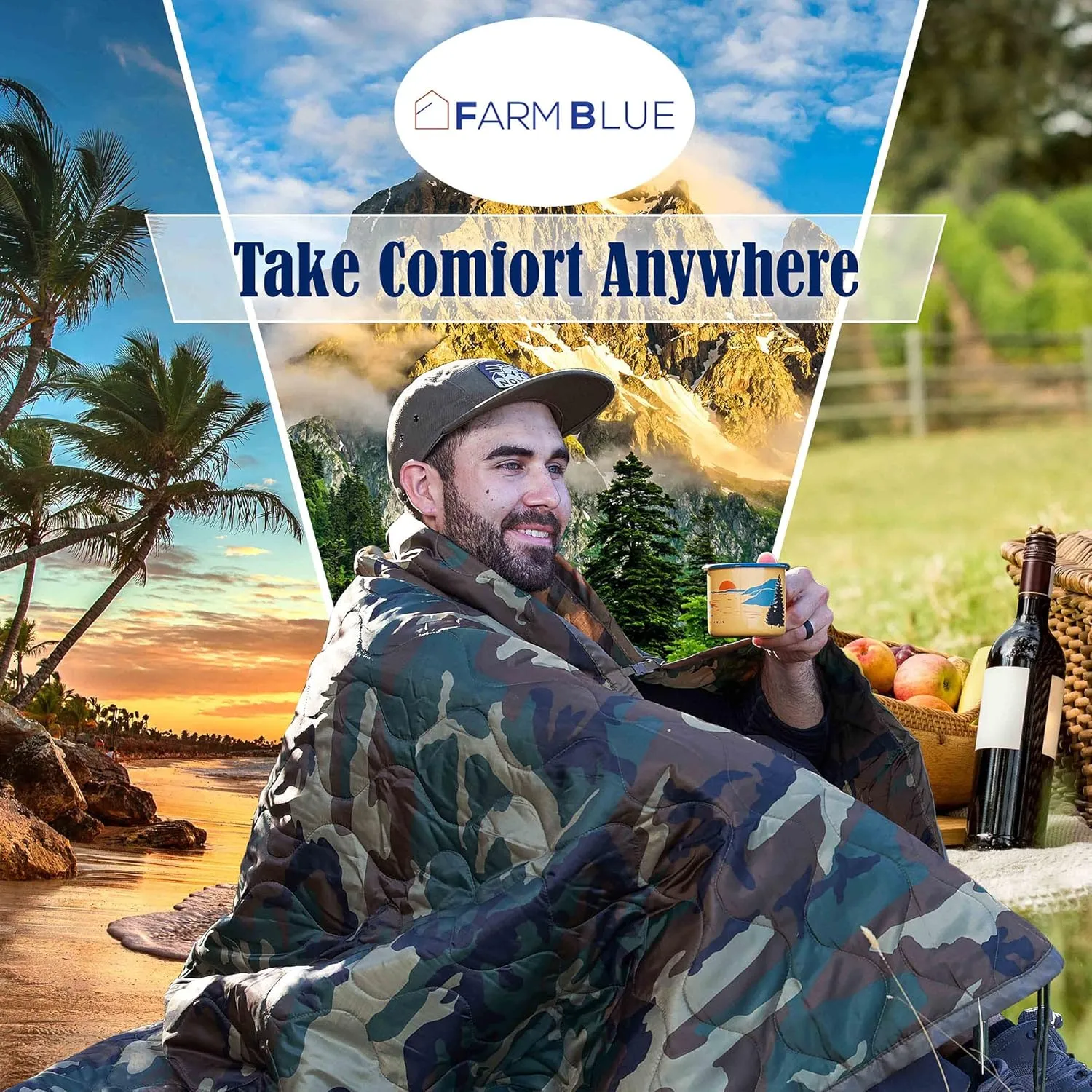 Farm Blue Jungle Camo Army Camping Blanket - Authentic and Improved Woobie Blanket Poncho Liner - Lightweight, Multi-Functional, All Weather, Versatile - Go Backpacking or Car Camping Outdoor