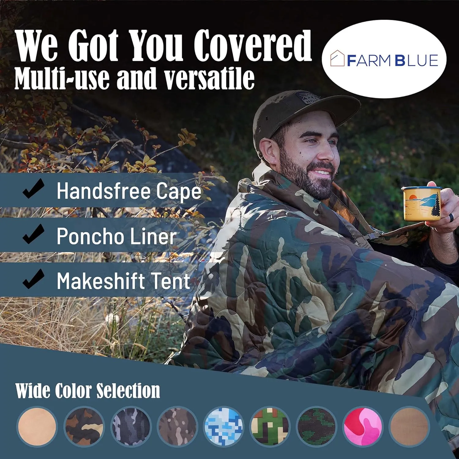 Farm Blue Jungle Camo Army Camping Blanket - Authentic and Improved Woobie Blanket Poncho Liner - Lightweight, Multi-Functional, All Weather, Versatile - Go Backpacking or Car Camping Outdoor