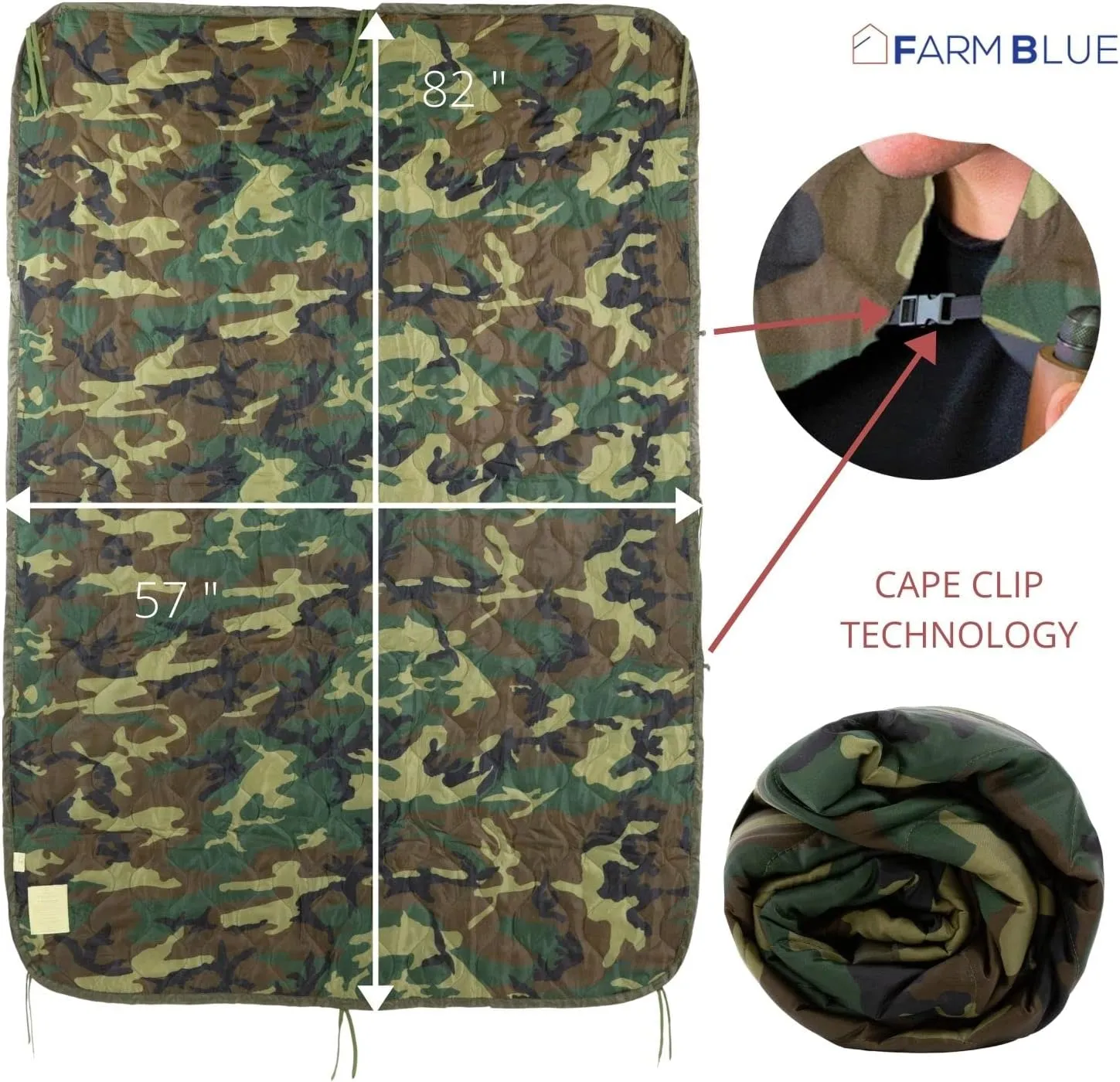 Farm Blue Jungle Camo Army Camping Blanket - Authentic and Improved Woobie Blanket Poncho Liner - Lightweight, Multi-Functional, All Weather, Versatile - Go Backpacking or Car Camping Outdoor