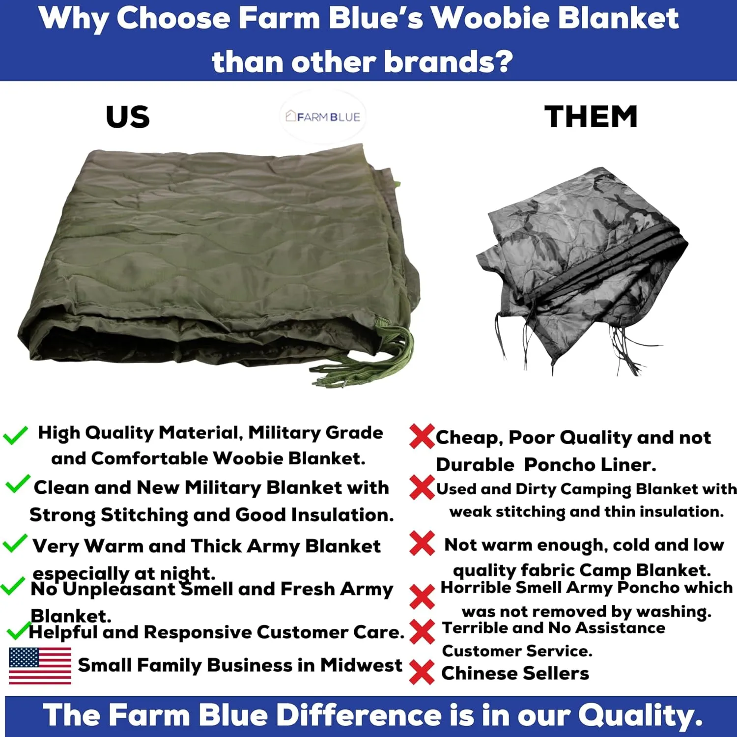 Farm Blue OD Green Army Camping Blanket Tactical Woobie Blanket Poncho Liner - Lightweight, Multifunctional, All Weather Blankets - Camping Gear, Backpacking and More Use - Olive Drab Green