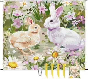 Farmhouse Easter Beach Blanket, Sandproof Beach Mat, Adults Waterproof Quick Drying Sand Free Mat with 4 x Ground Spikes for Outdoor Travel Camping Hiking, Watercolor Rabbit Bunny Floral