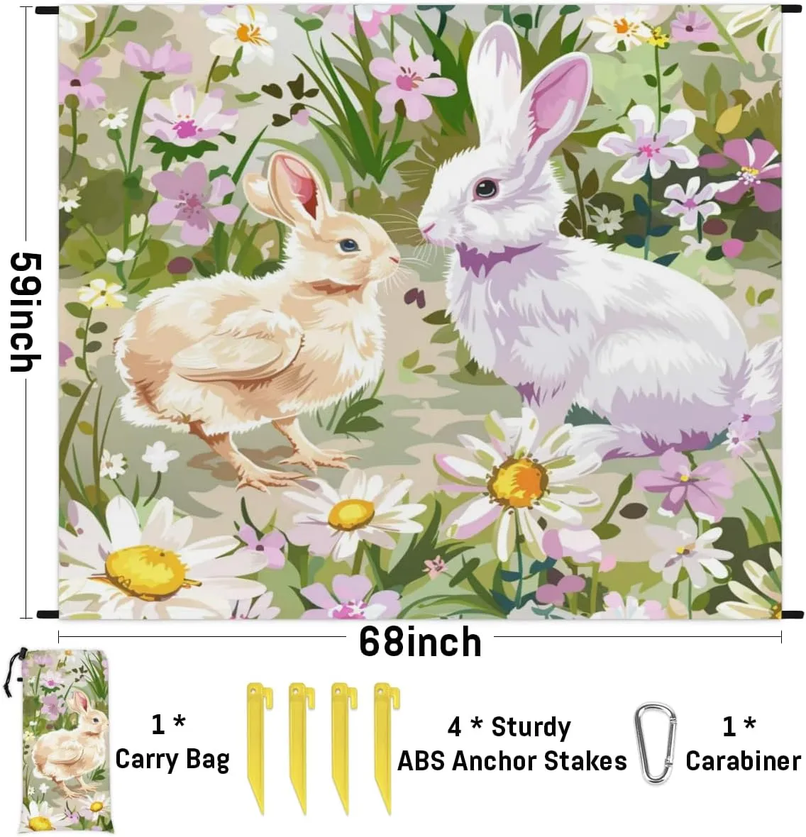 Farmhouse Easter Beach Blanket, Sandproof Beach Mat, Adults Waterproof Quick Drying Sand Free Mat with 4 x Ground Spikes for Outdoor Travel Camping Hiking, Watercolor Rabbit Bunny Floral