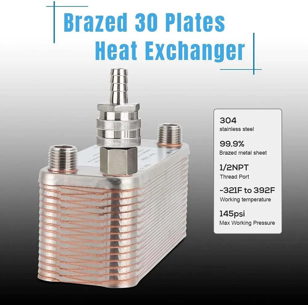 FERRODAY Wort Chiller, 30 Plate 1/2 NPT Plate wort Chiller, Stainless Steel Brazed Plate Heat Exchanger, 1/2 Thread Wort Cooler for Homebrew - 7.3" x 2.8"