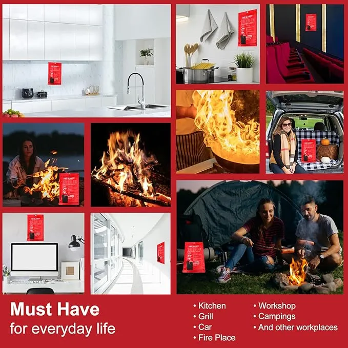 Fire Blanket - 2 Pack 40" x 40" Fire Blanket for Home and Kitchen, Flame Suppression Fiberglass Fire Blankets for House, Camping, Grill, Car, Office, Warehouse, Emergency Fire Blanket