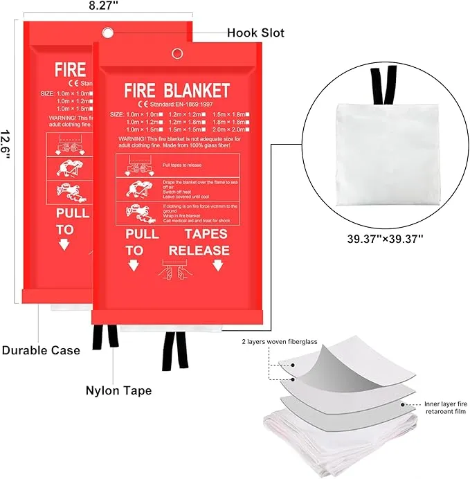 Fire Blanket - 2 Pack 40" x 40" Fire Blanket for Home and Kitchen, Flame Suppression Fiberglass Fire Blankets for House, Camping, Grill, Car, Office, Warehouse, Emergency Fire Blanket