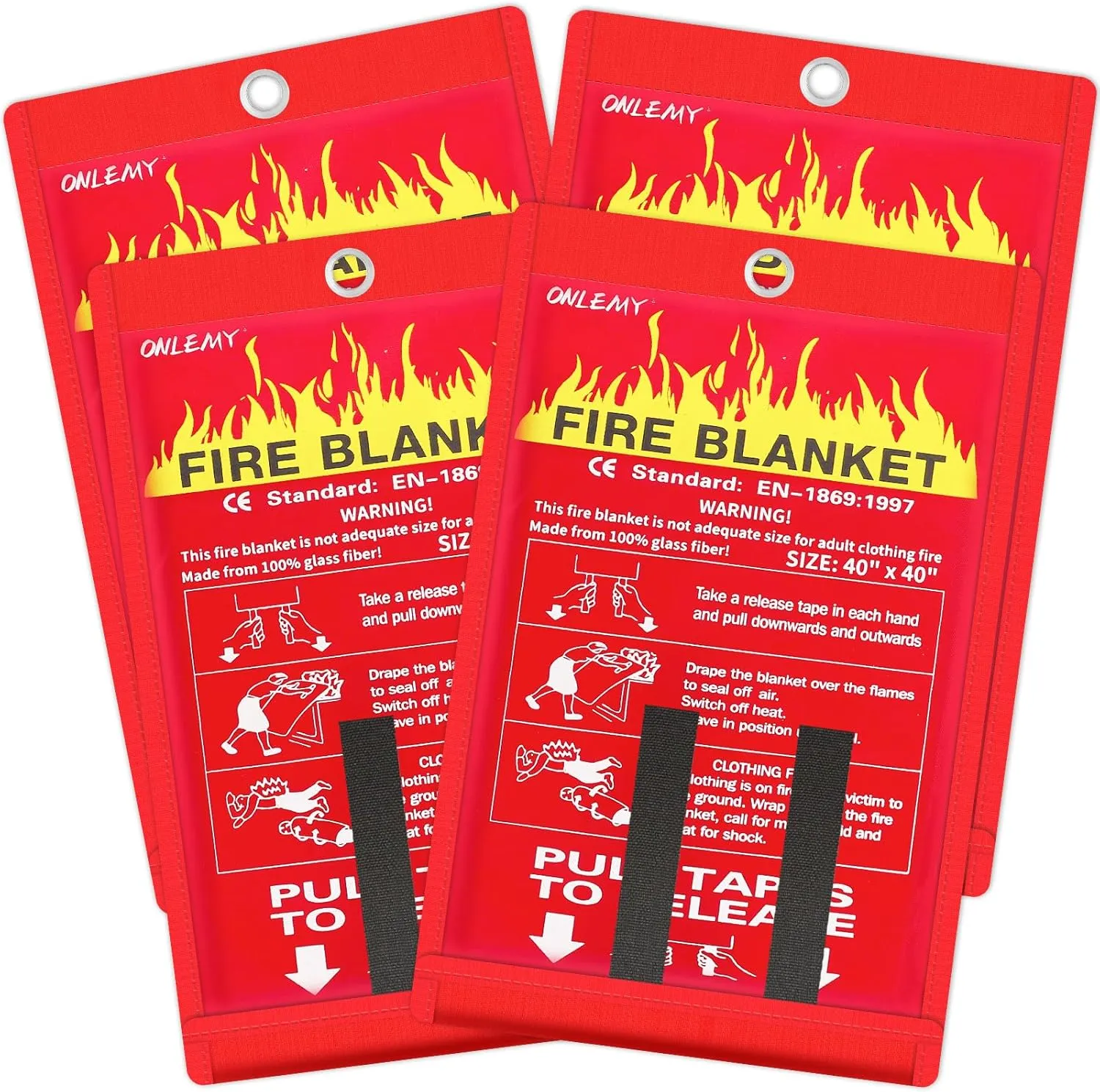 Fire Blanket - 4 Pack - 40" x 40" Emergency Suppression for Home, Kitchen, Camping, Grill, Car, School, Warehouse - Flame Retardant