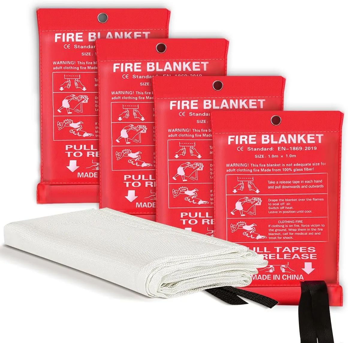 Fire Blanket 4 Pack (40"x40")-Emergency Fire Safety Blanket for Home, Kitchen, Camping & Car CE EN 1869:2019 Fiberglass Flame Retardant,1076°F Heat Resistance
