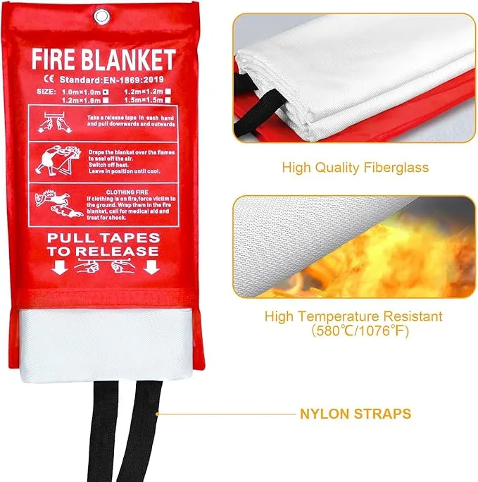 Fire Blanket Emergency for Home Kitchen, Fiberglass Fire Suppression Blanket for School, Fireplace, Outdoor Grill, Car, Office, Warehouse (2 Pack)