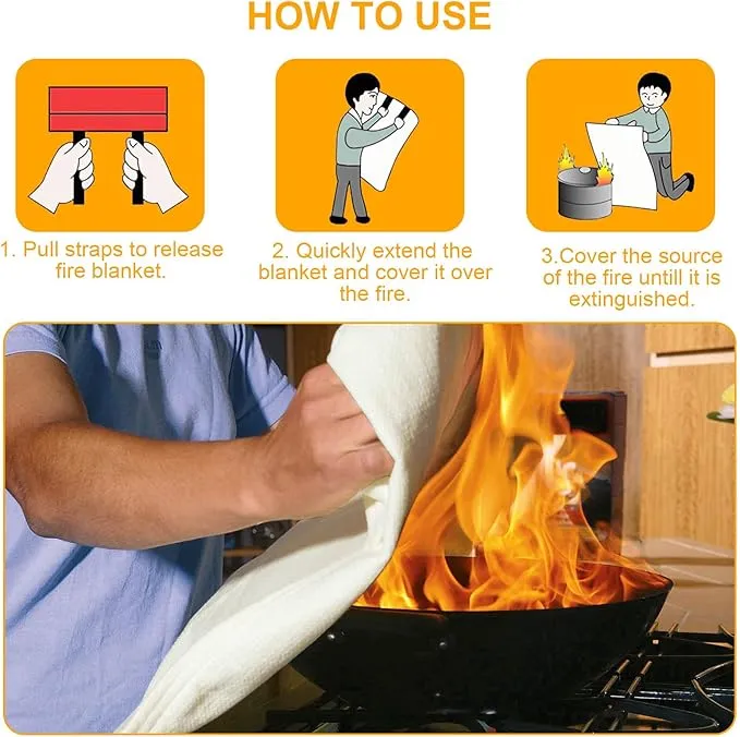 Fire Blanket Emergency for Home Kitchen, Fiberglass Fire Suppression Blanket for School, Fireplace, Outdoor Grill, Car, Office, Warehouse (2 Pack)