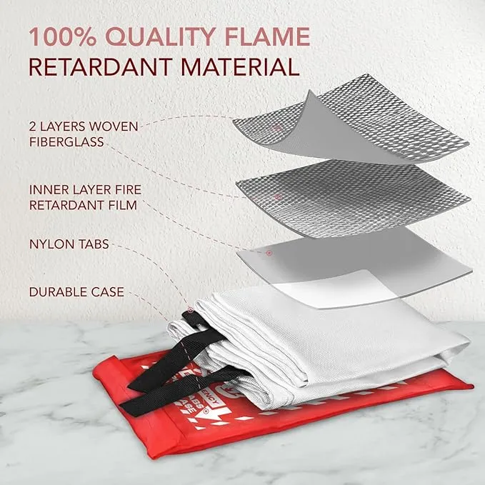 Fire Blanket: Home & Kitchen Fire Extinguisher, Emergency Fireproof Safety Blanket for Camping, Car, Office, 100% Fiberglass, Flame Retardant, Prepared Hero, Thermal, Kit (1 Pack)