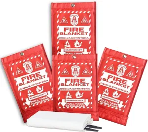 Fire Blanket: Home & Kitchen Fire Extinguisher, Emergency Fireproof Safety Blanket for Camping, Car, Office, 100% Fiberglass, Flame Retardant, Prepared Hero, Thermal, Kit (4 Pack)
