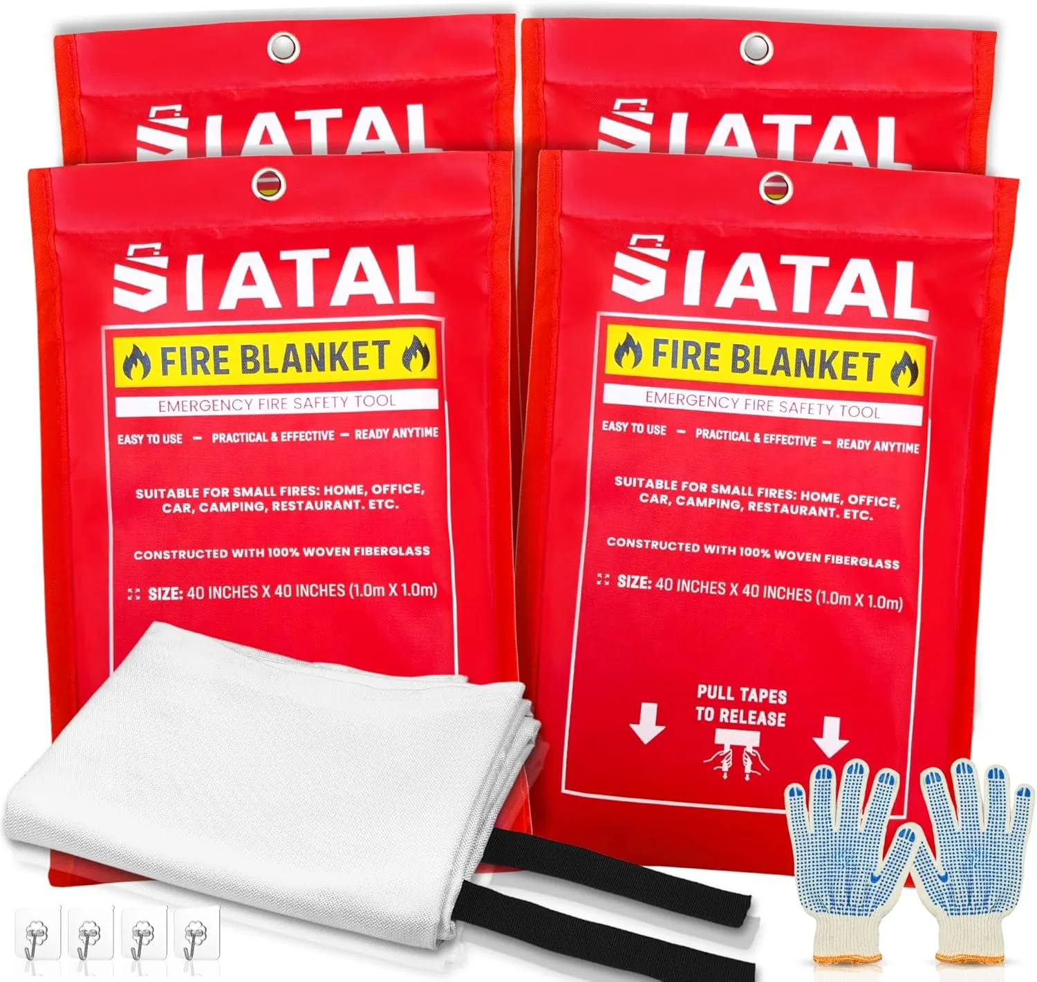 Fire blanket - Pack of 2 with 2 Hooks & with a pair OF Gloves, 40”x 40” inches, Fire blankets emergency for home, Car, Kitchen, Warehouse, Outdoor and camping Safety (2)