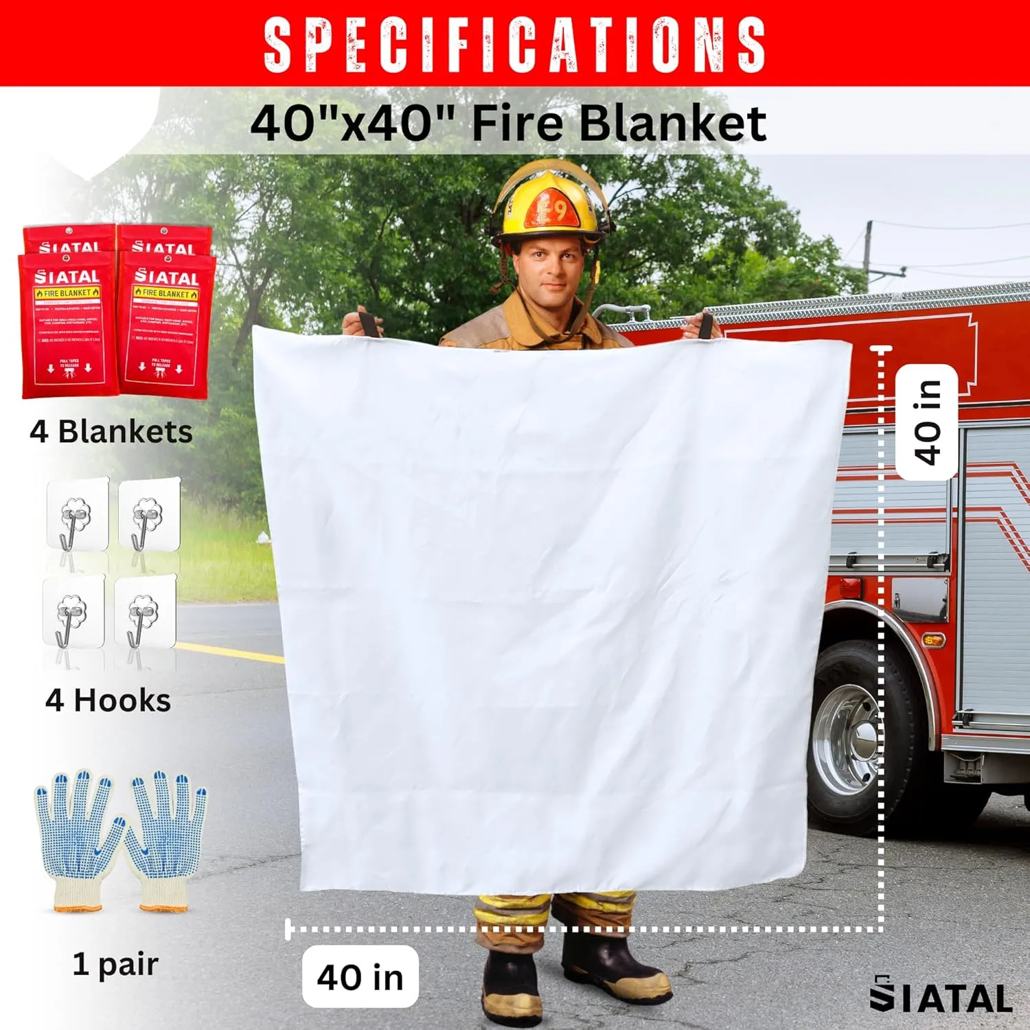 Fire blanket - Pack of 2 with 2 Hooks & with a pair OF Gloves, 40”x 40” inches, Fire blankets emergency for home, Car, Kitchen, Warehouse, Outdoor and camping Safety (2)