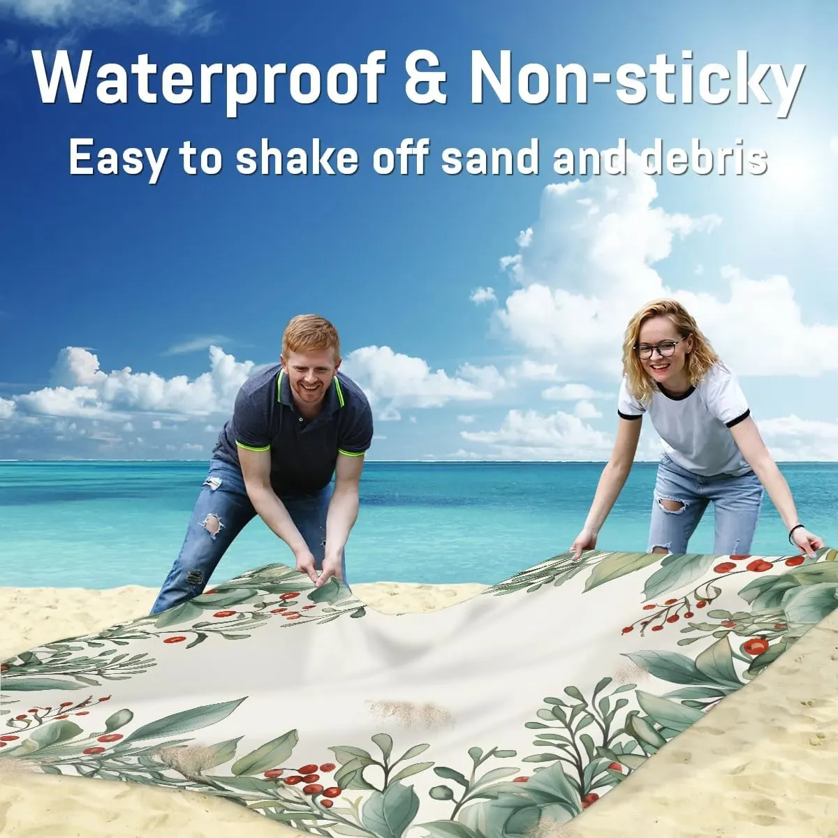 Flower Leaves Beach Blanket, Sandproof Beach Mat, 68 x 59 Waterproof Quick Drying Sand Free Mat with 4 x Ground Spikes for Outdoor Travel Camping Hiking, Farmhouse