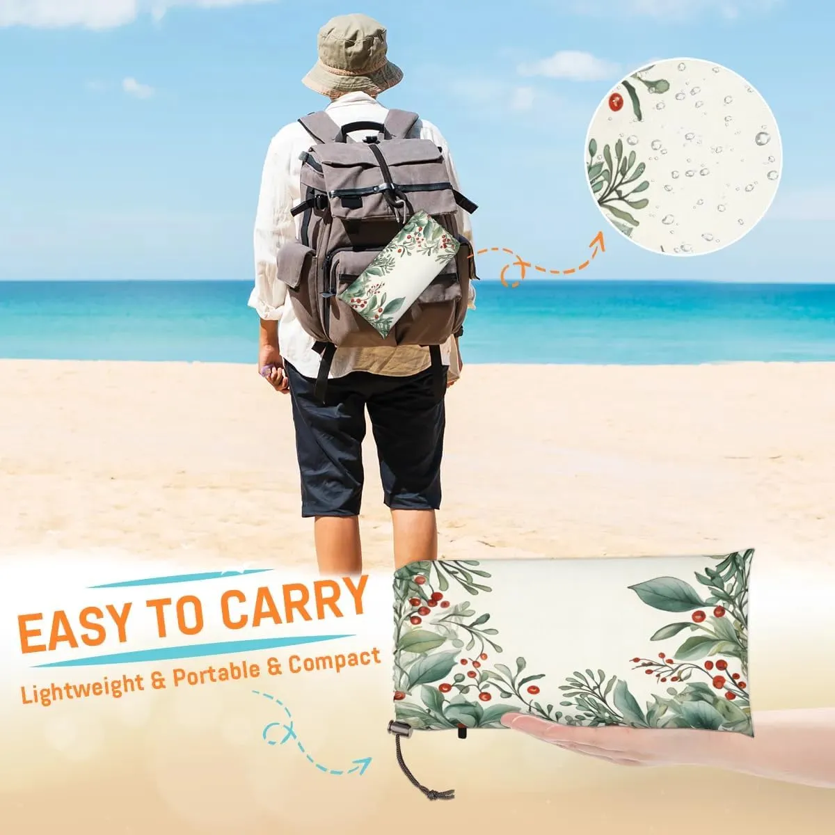 Flower Leaves Beach Blanket, Sandproof Beach Mat, 68 x 59 Waterproof Quick Drying Sand Free Mat with 4 x Ground Spikes for Outdoor Travel Camping Hiking, Farmhouse