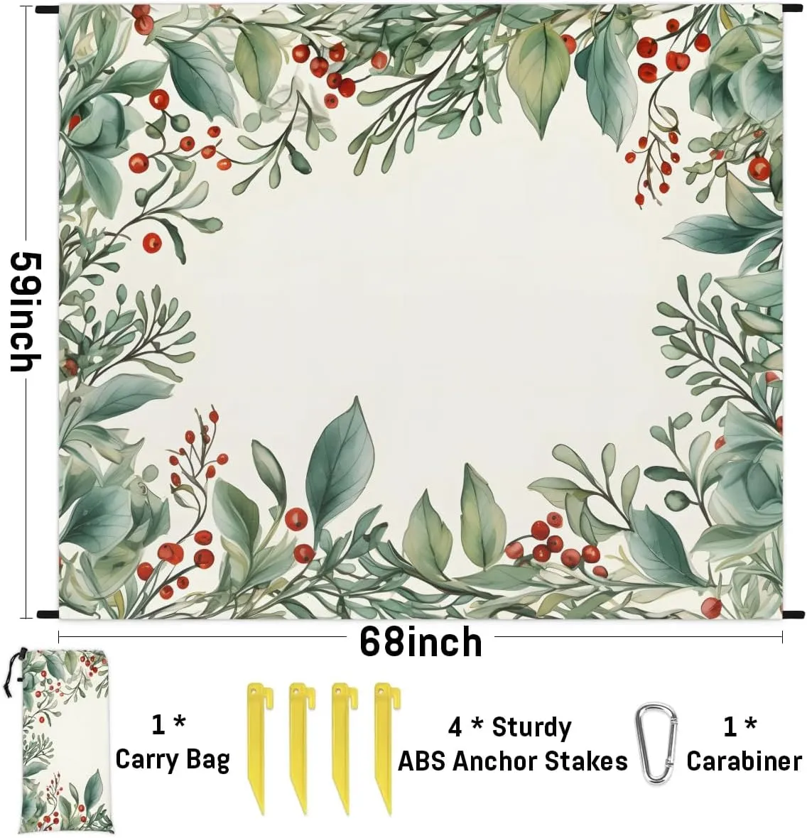 Flower Leaves Beach Blanket, Sandproof Beach Mat, 68 x 59 Waterproof Quick Drying Sand Free Mat with 4 x Ground Spikes for Outdoor Travel Camping Hiking, Farmhouse