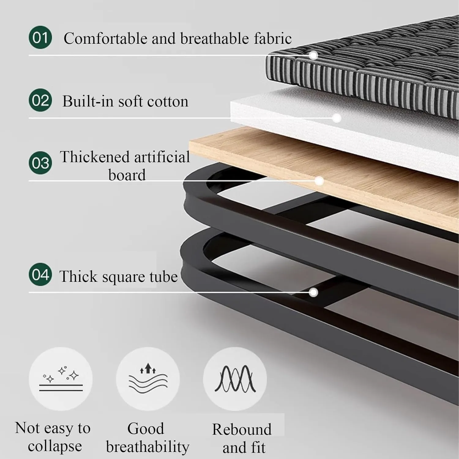 Foldable Bed with Mattress Heavy Duty for Adults, Folding Cots for Adults No Assembly with Soft Bed Head, Roll Away Adult Bed for Guest Load-Bearing of 500kg(90cm)