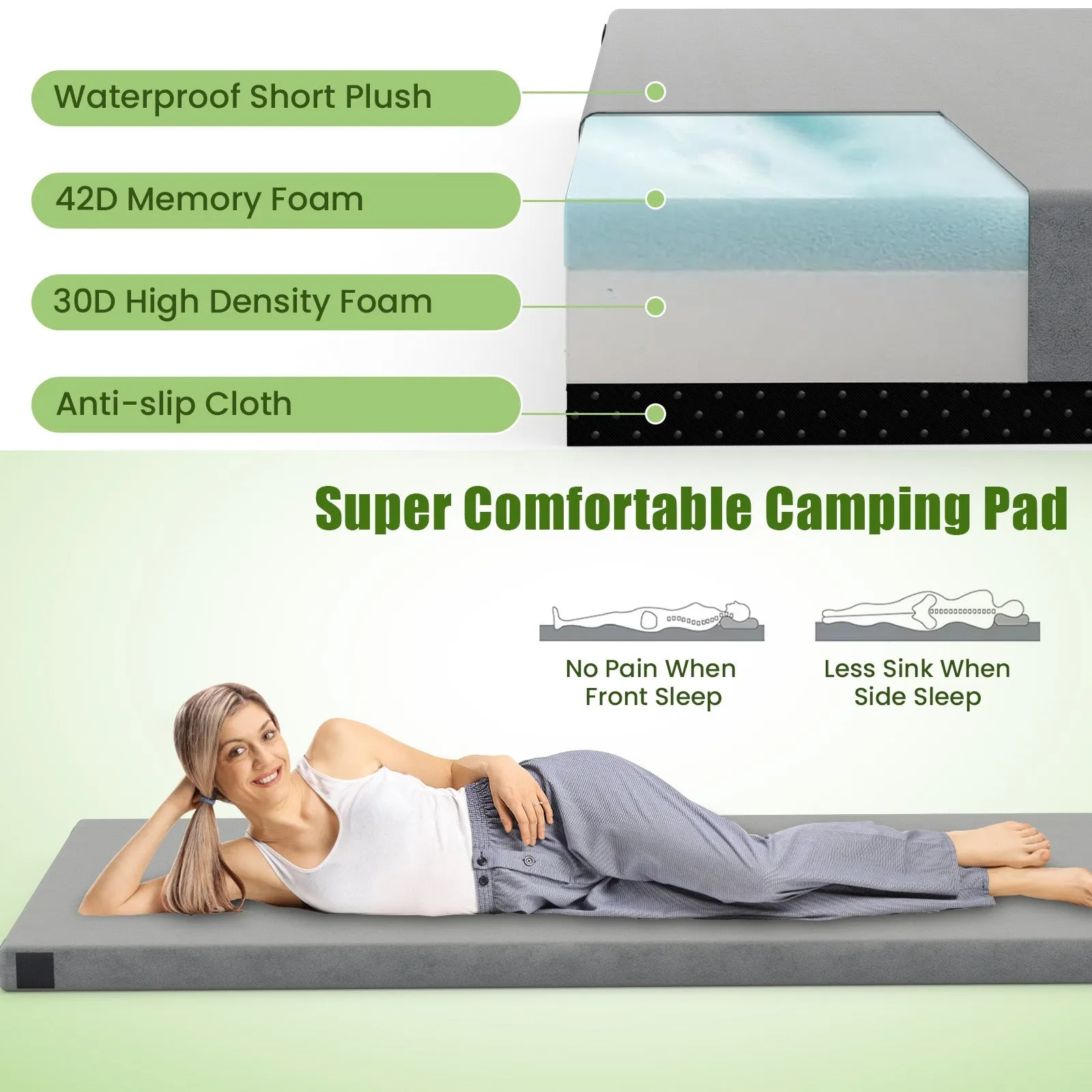 Foldable Camping Mattress with High density foam Cushion and Anti-slip Bottom-Gray