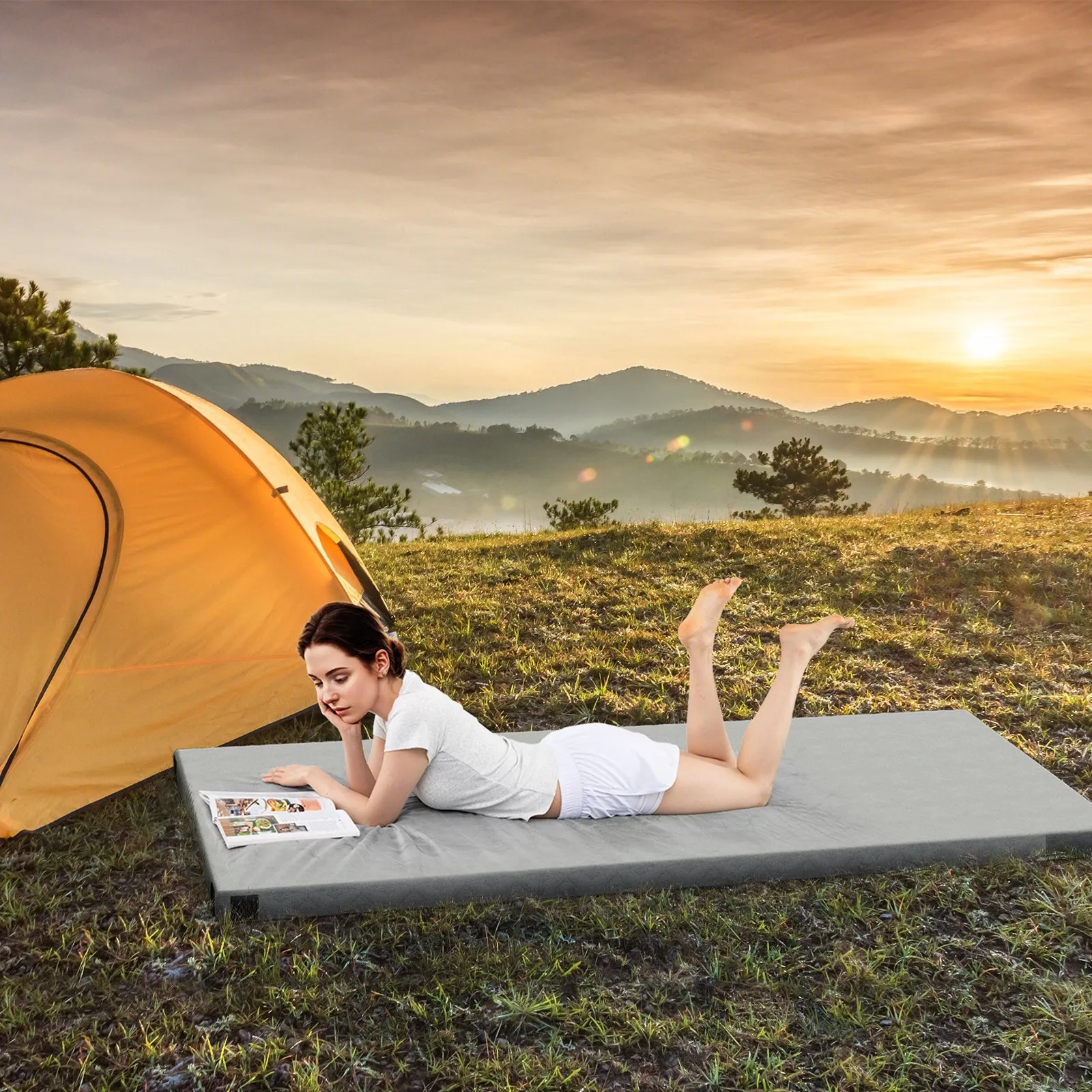 Foldable Camping Mattress with High density foam Cushion and Anti-slip Bottom-Gray