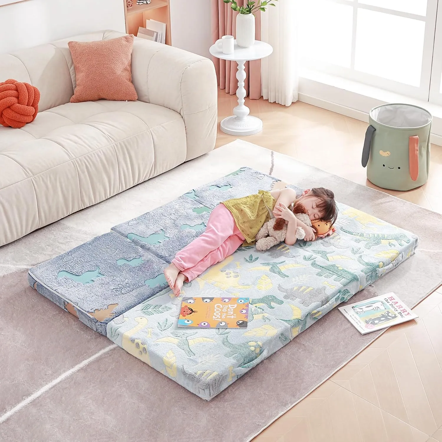Foldable Floor Mattress for Kids, Glow in The Dark Toddler Washable Tri Folding Floor Nap Mat for Sleeping Daycare, Child Trifold Futon Sofa Bed with Storage Bag for Girls and Boys