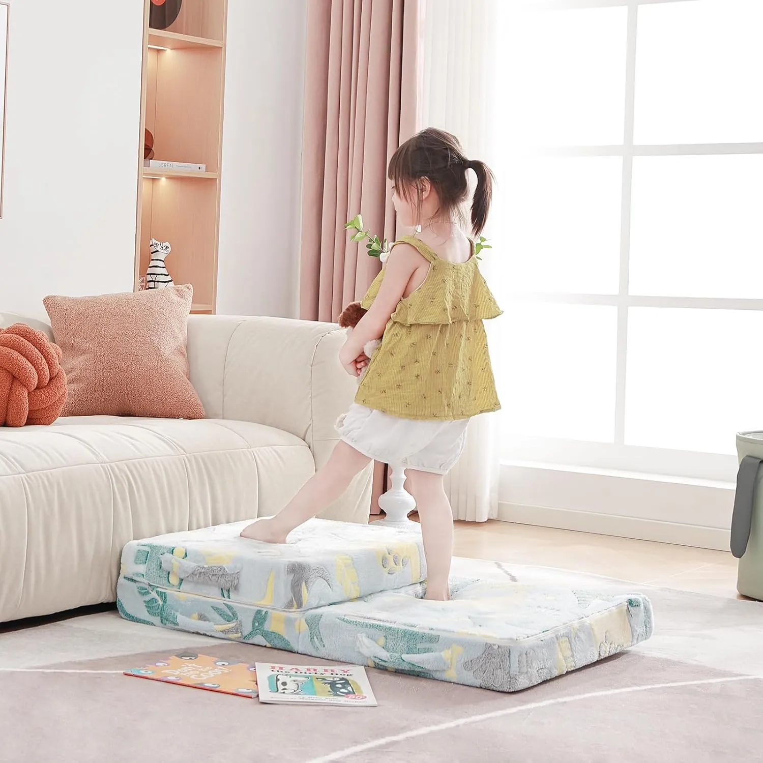 Foldable Floor Mattress for Kids, Glow in The Dark Toddler Washable Tri Folding Floor Nap Mat for Sleeping Daycare, Child Trifold Futon Sofa Bed with Storage Bag for Girls and Boys