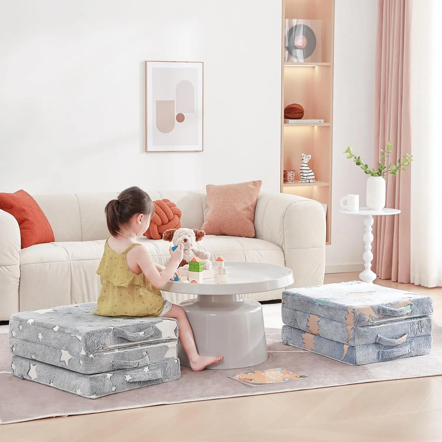 Foldable Floor Mattress for Kids, Glow in The Dark Toddler Washable Tri Folding Floor Nap Mat for Sleeping Daycare, Child Trifold Futon Sofa Bed with Storage Bag for Girls and Boys