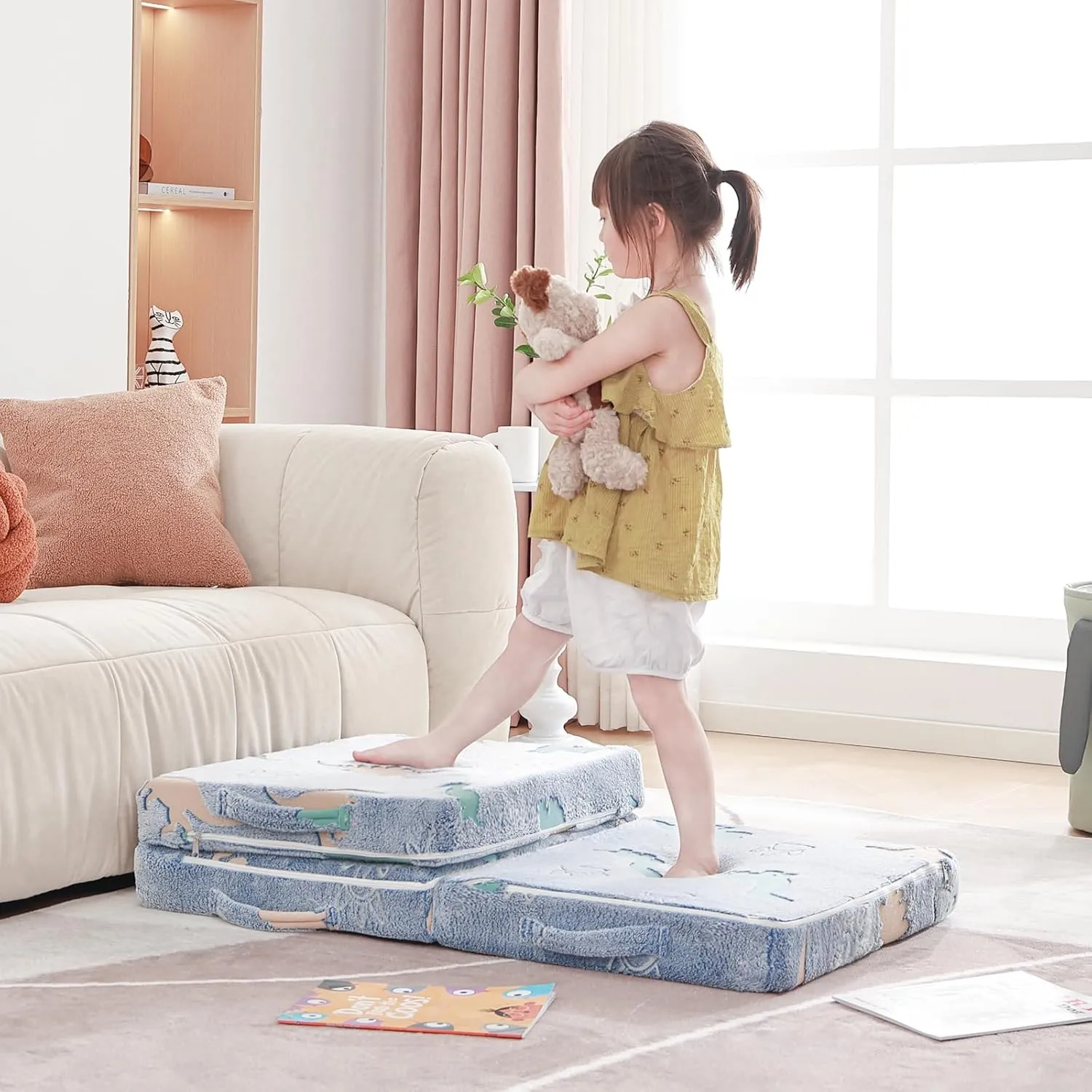 Foldable Floor Mattress for Kids, Glow in The Dark Toddler Washable Tri Folding Floor Nap Mat for Sleeping Daycare, Child Trifold Futon Sofa Bed with Storage Bag for Girls and Boys