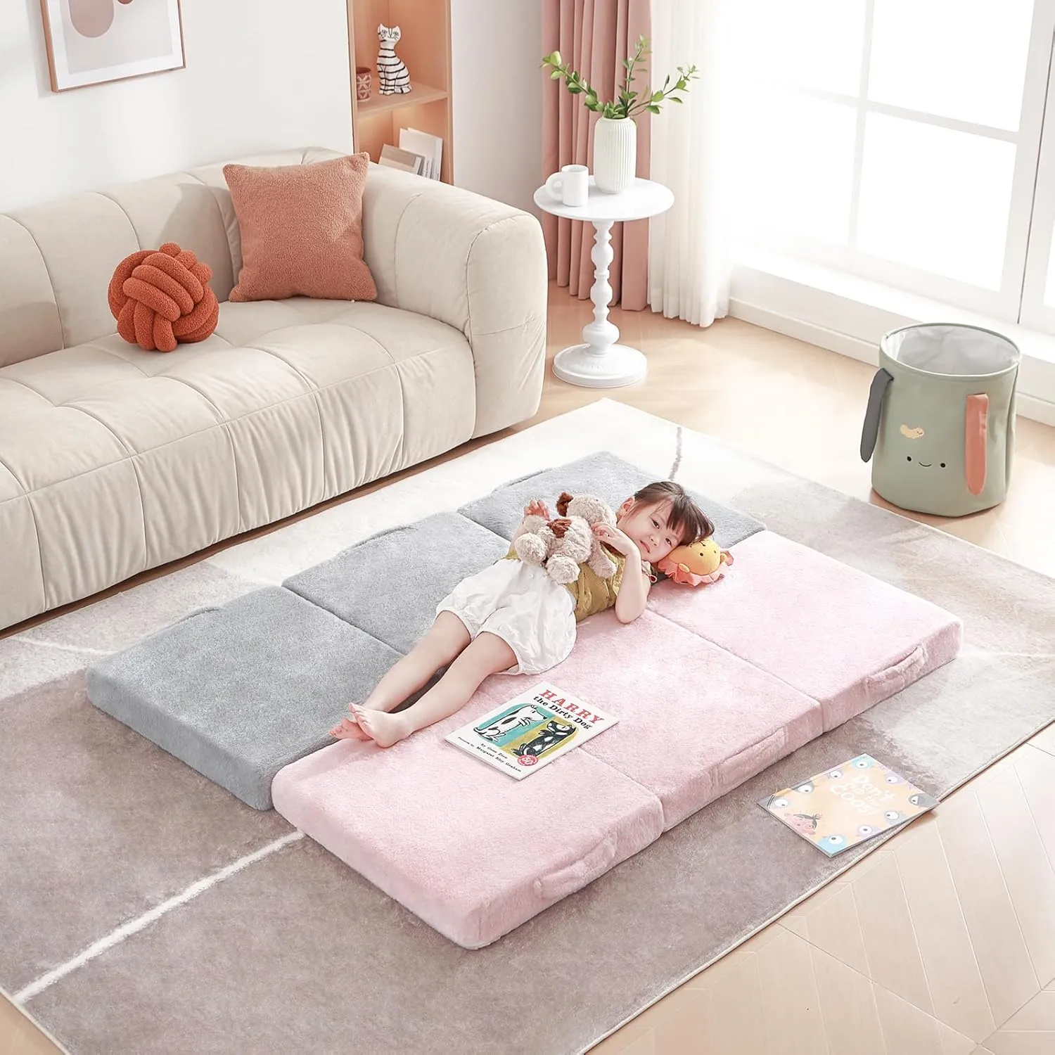 Foldable Floor Mattress for Kids, Toddler Washable Tri Folding Floor Nap Mat for Sleeping Daycare, Child Trifold Futon Sofa Bed with Storage Bag for Girls and Boys