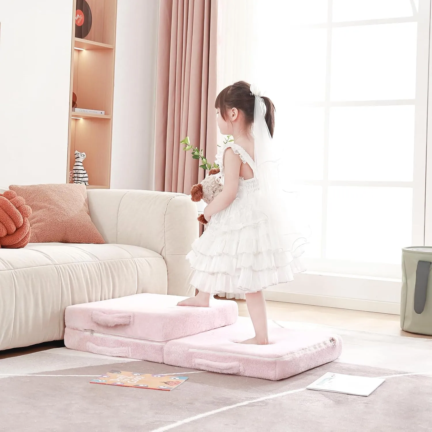 Foldable Floor Mattress for Kids, Toddler Washable Tri Folding Floor Nap Mat for Sleeping Daycare, Child Trifold Futon Sofa Bed with Storage Bag for Girls and Boys