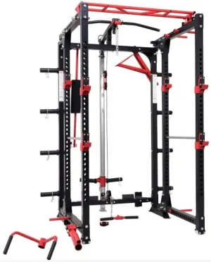 Foldable Power Rack - Complete Cable Rack System, Multi-Grip Pull-Up Bar, Plate-Loaded LAT Pulldown, Low Row, J-Hooks, Safety Bars, 8 Weight Horns - Compact & Durable