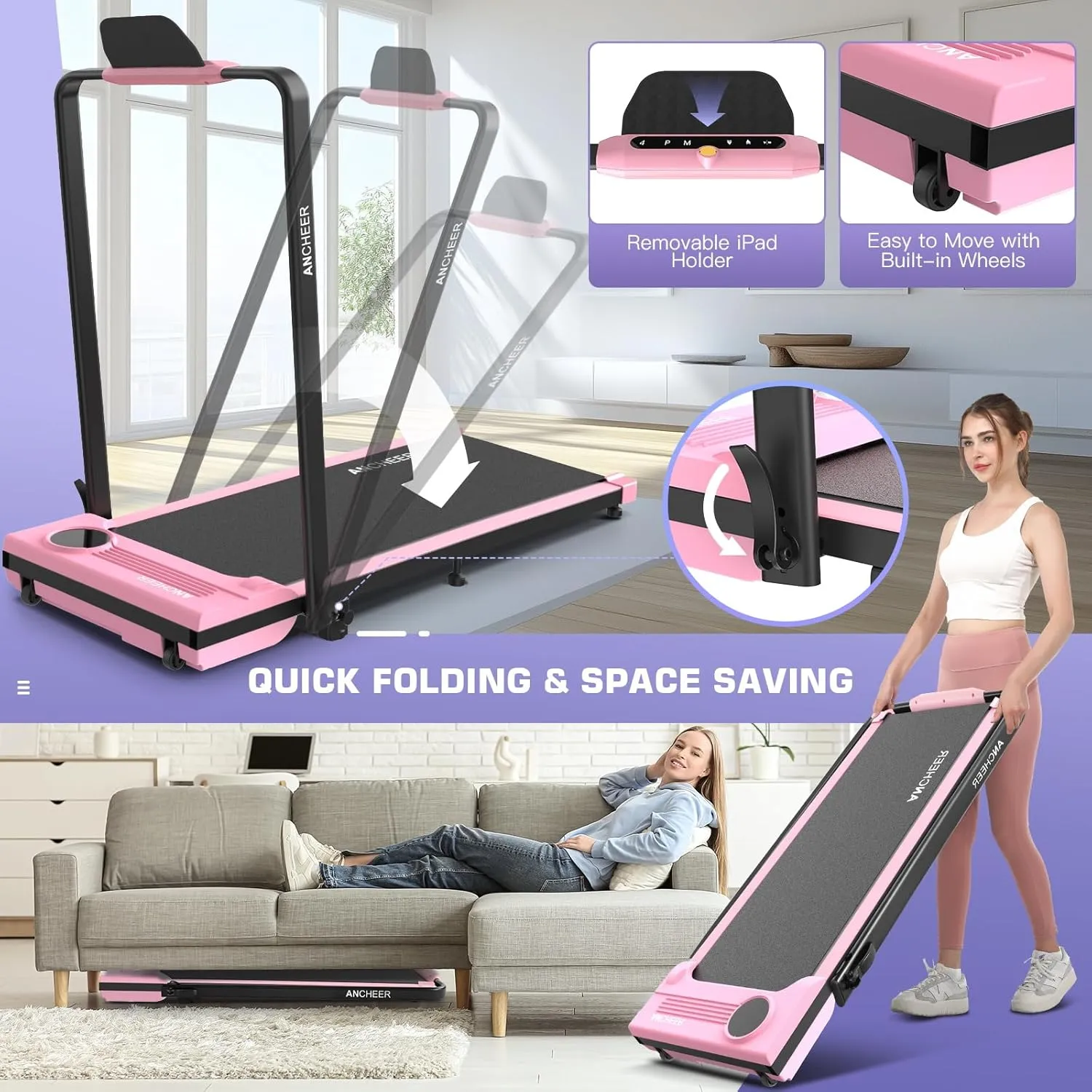 Foldable Treadmill with Incline-Walking Pad with Handle Bar-Portable Walking Pad Treadmill 300  lb Capacity-Under Desk Treadmills, 4 in 1 Running Machine LED Display/Dual Control