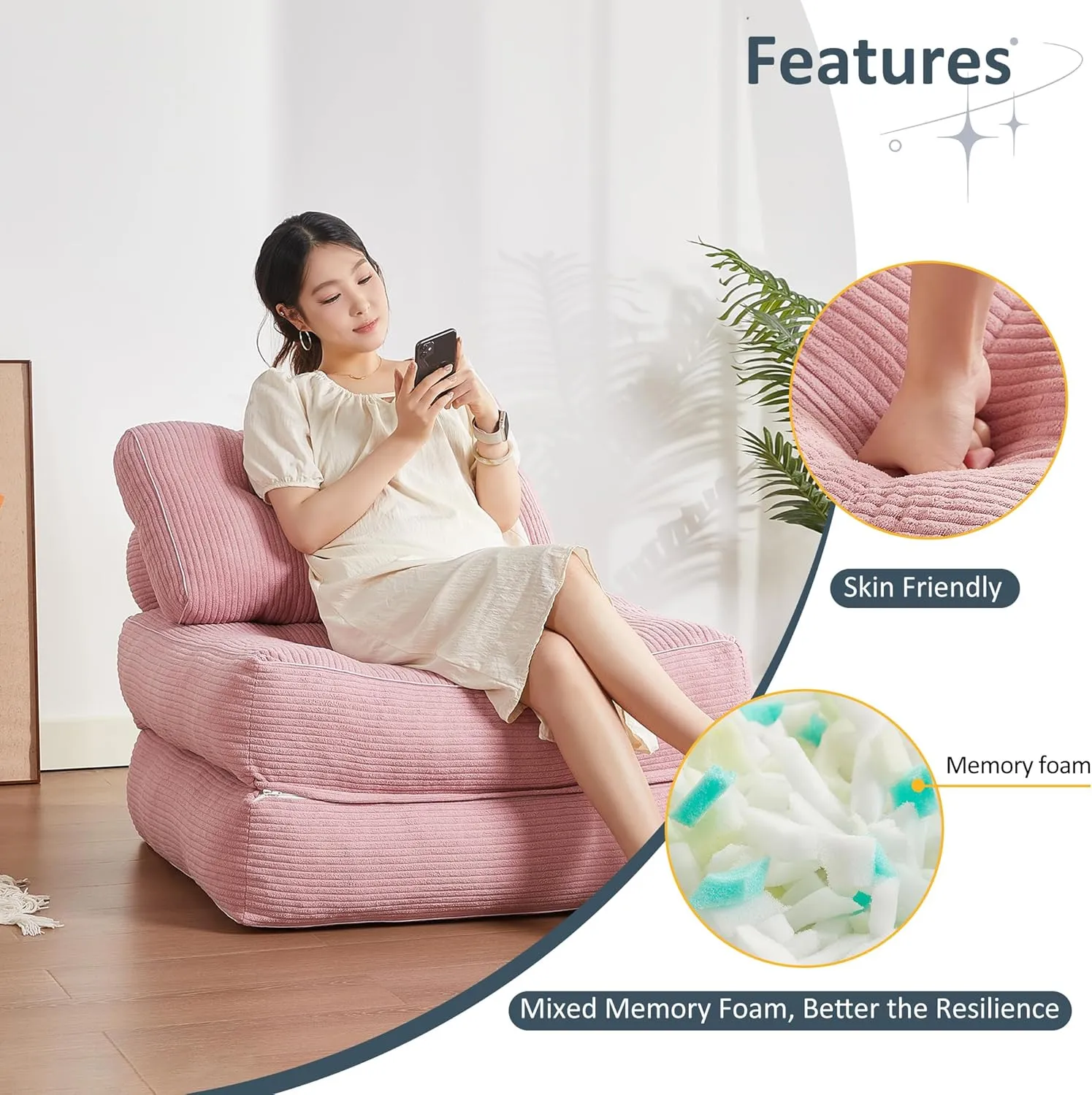 Folding Chair Bed, Futon Sofa Bed, Floor Couch for Adults Chair for Living Room, Lounge Sofa, Convertible Sofa Bed, Small Couches for Small Spaces, Pink