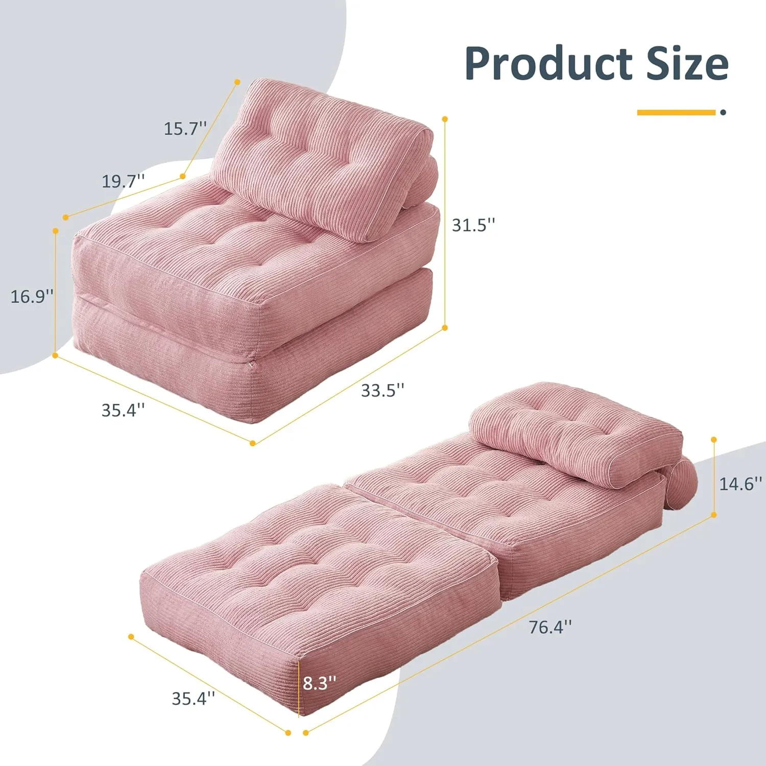 Folding Chair Bed, Futon Sofa Bed, Floor Couch for Adults Chair for Living Room, Lounge Sofa, Convertible Sofa Bed, Small Couches for Small Spaces, Pink
