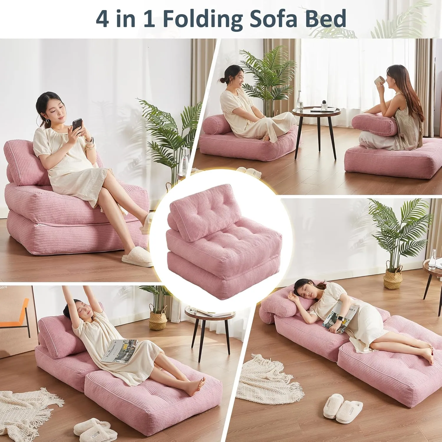 Folding Chair Bed, Futon Sofa Bed, Floor Couch for Adults Chair for Living Room, Lounge Sofa, Convertible Sofa Bed, Small Couches for Small Spaces, Pink