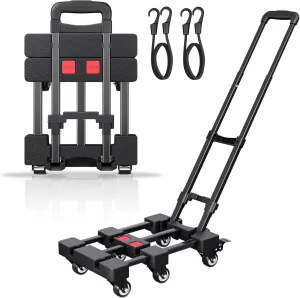 Folding Hand Truck, 500 LB Portable Dolly Cart Heavy Duty Luggage Cart with 6 Wheels & 2 Ropes for Travel, Moving, Shopping